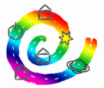 Das Logo der Dezentralen Schule, eine Spirale in regenbogenfarben mit 3 Häusern einem Stern einem Planeten und dem Symbol für Neustart